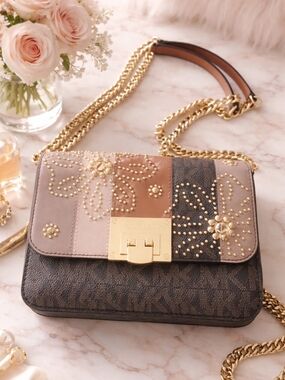 MK Michael Kors TINA crossbody Shoulder Flap Brown Acorn Signature